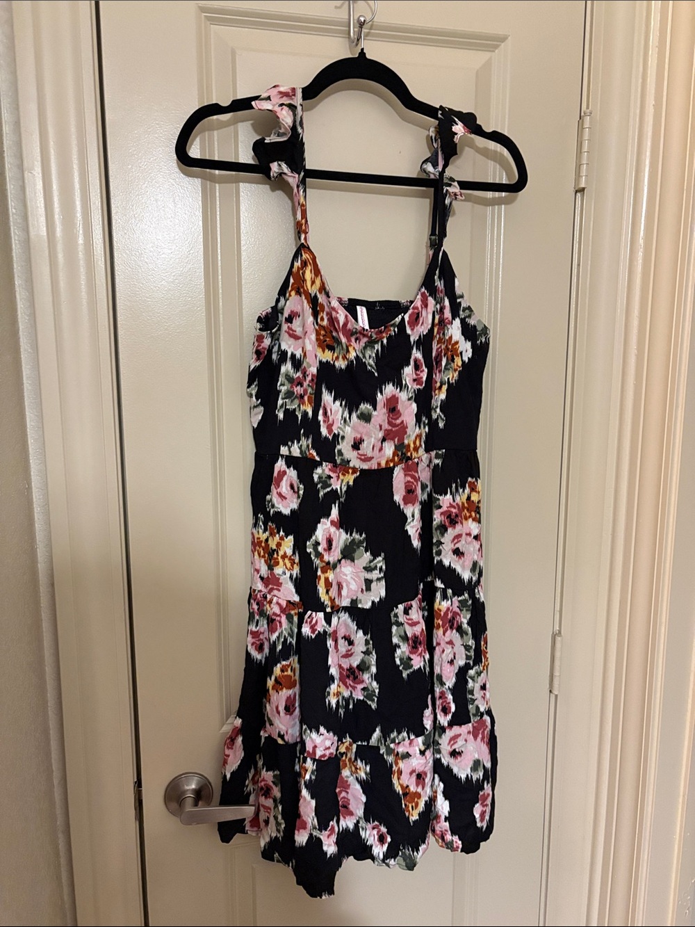 Macy's Black Floral Ruffle Strap Sundress with Pink Blooms